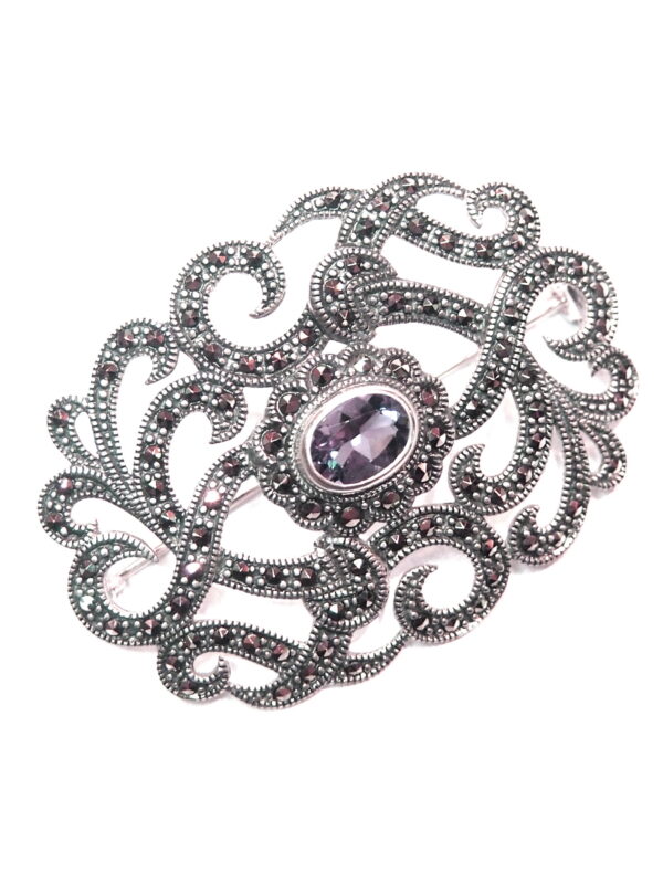 Broche de Plata de Ley con marcasitas y amatista. - Imagen 2