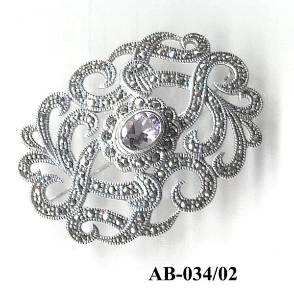 Broche de Plata de Ley con marcasitas y amatista.