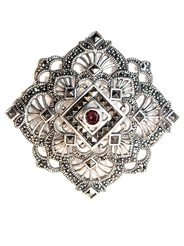 Broche Plata 1ª Ley (.925) con Marcasitas y granates. - Imagen 2
