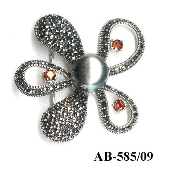 Broche Plata 1ª Ley (.925) con Marcasitas, Gemas y Perla sint. simulando flor.