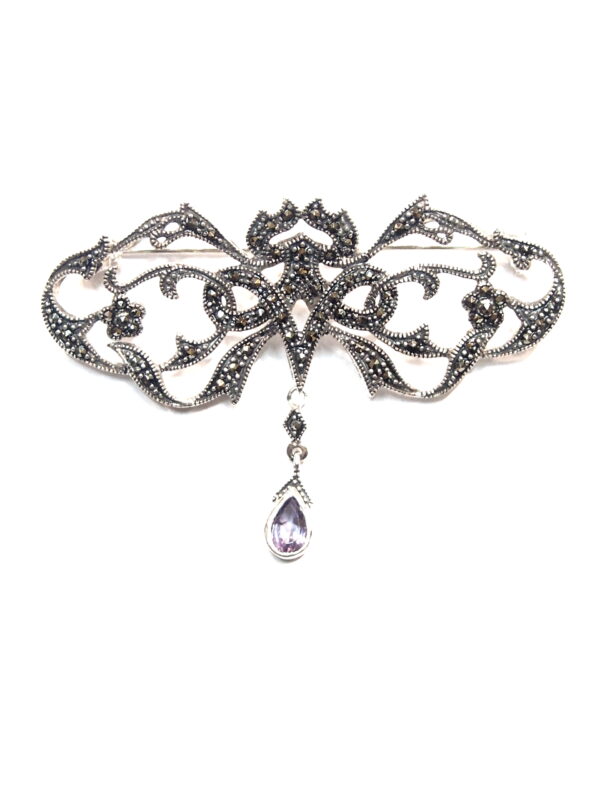 Broche de Plata de Ley (.925) de diseño floral con Marcasitas y Amatista en estilo Decó.