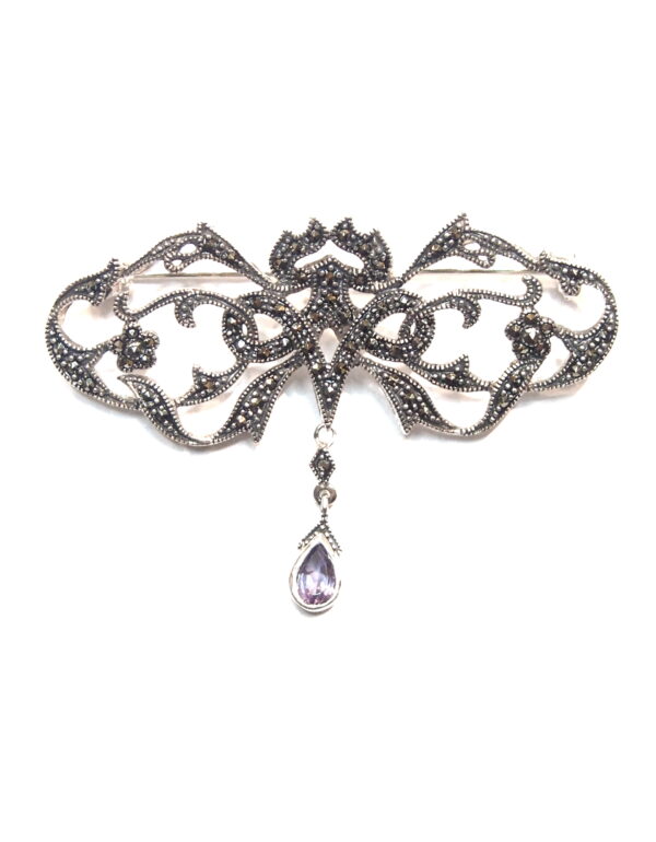 Broche de Plata de Ley (.925) de diseño floral con Marcasitas y Amatista en estilo Decó. - Imagen 2