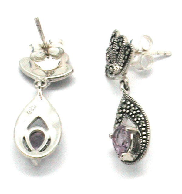 Pendientes de Plata de 1ª Ley (.925) con Marcasitas y Amatistas de estilo Decó. - Imagen 2