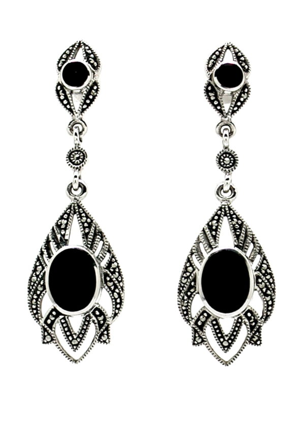 Pendientes de Plata de 1ª Ley (.925) con Marcasitas y Ónix de estilo Modernista..
