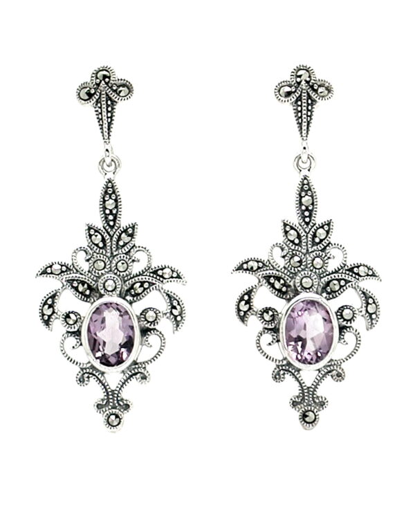 Pendientes de Plata de Ley (.925), Marcasitas y Amatista.