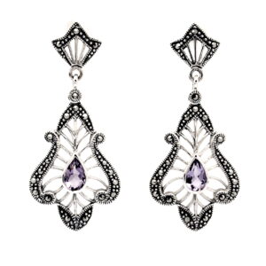 Pendientes de Plata de 1ª Ley (.925) con Marcasitas y Amatista de estilo Decó.
