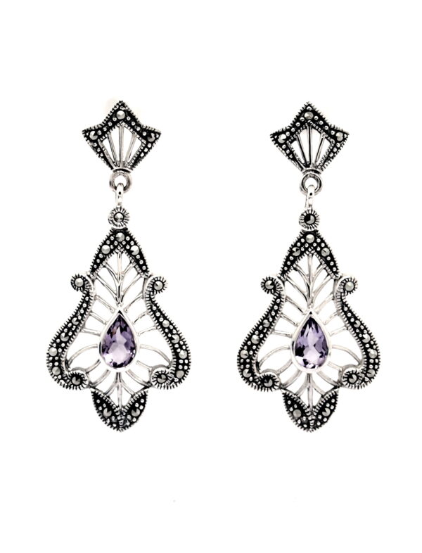 Pendientes de Plata de 1ª Ley (.925) con Marcasitas y Amatista de estilo Decó.