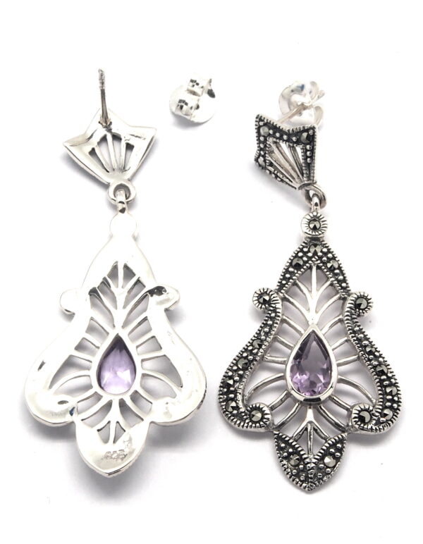 Pendientes de Plata de 1ª Ley (.925) con Marcasitas y Amatista de estilo Decó. - Imagen 2