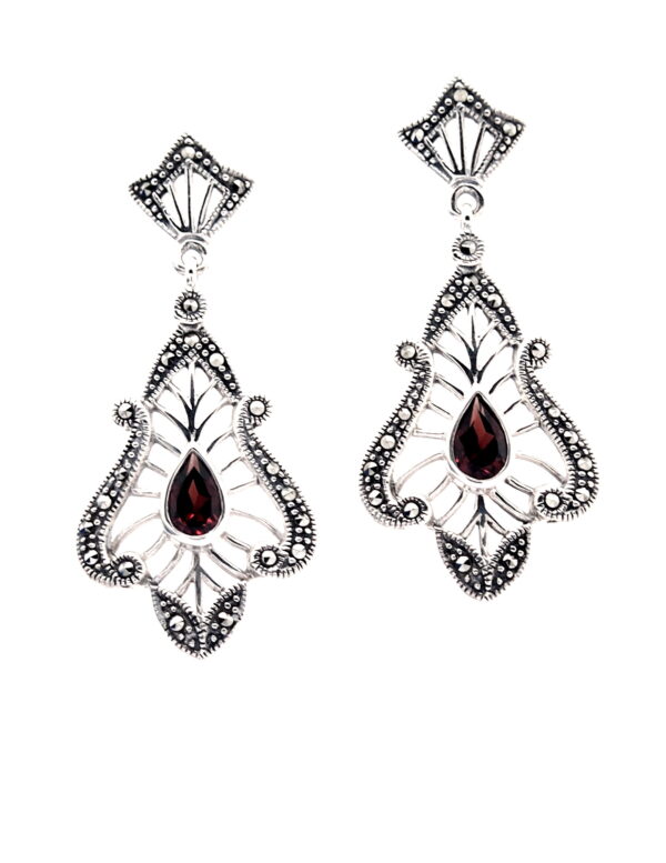 Pendientes de Plata de 1ª Ley (.925), Marcasitas y Granate de estilo Decó.
