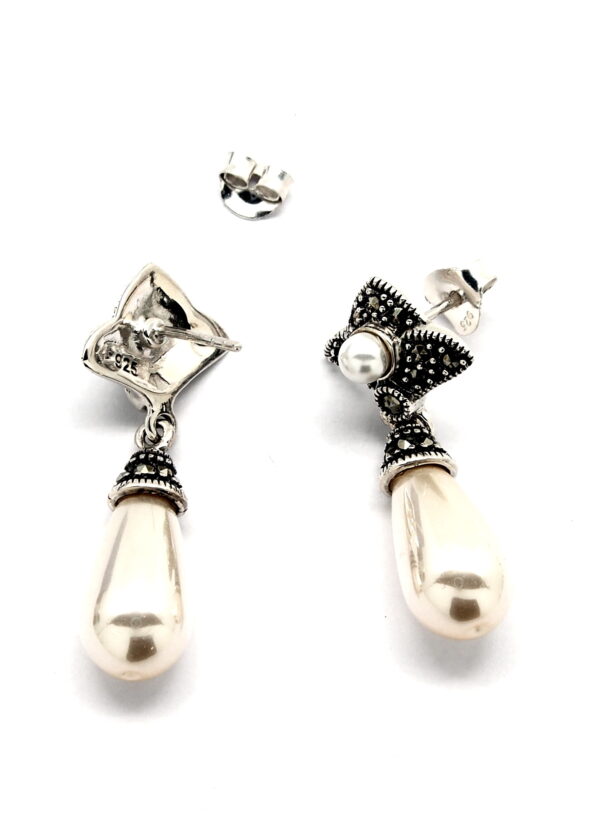 Pendientes de Plata de 1ª Ley (.925) con Marcasitas y perilla de Perla imitación. - Imagen 2