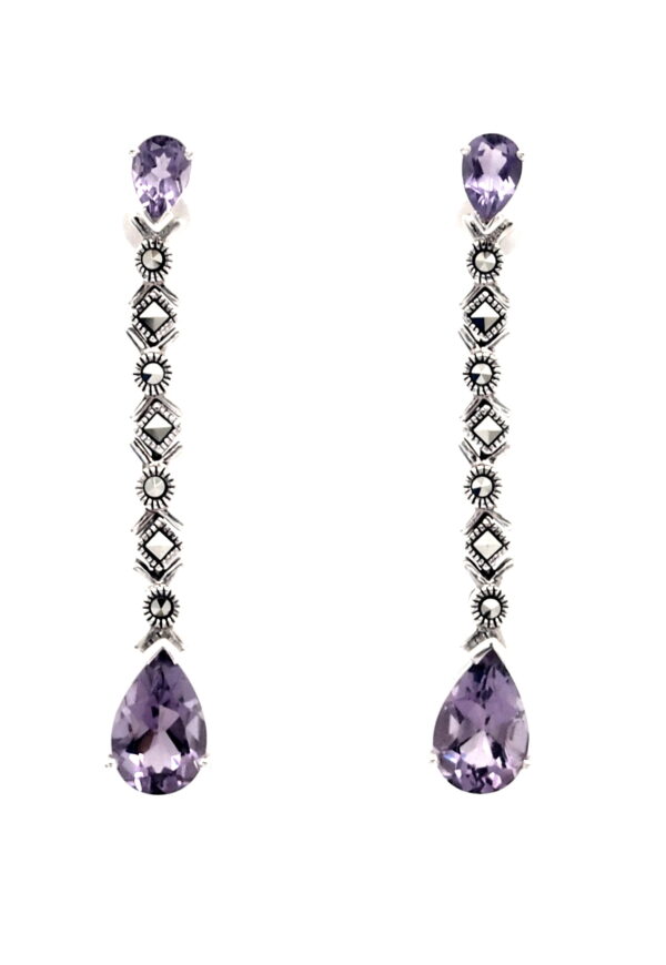 Pendientes de Plata de 1ª Ley  (.925) con Marcasitas y perilla de Amatista facetada.