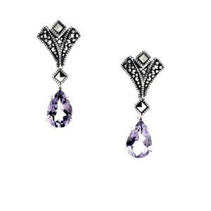 Pendientes de Plata de 1ª Ley (.925) con Marcasitas y Amatista de estilo Decó.