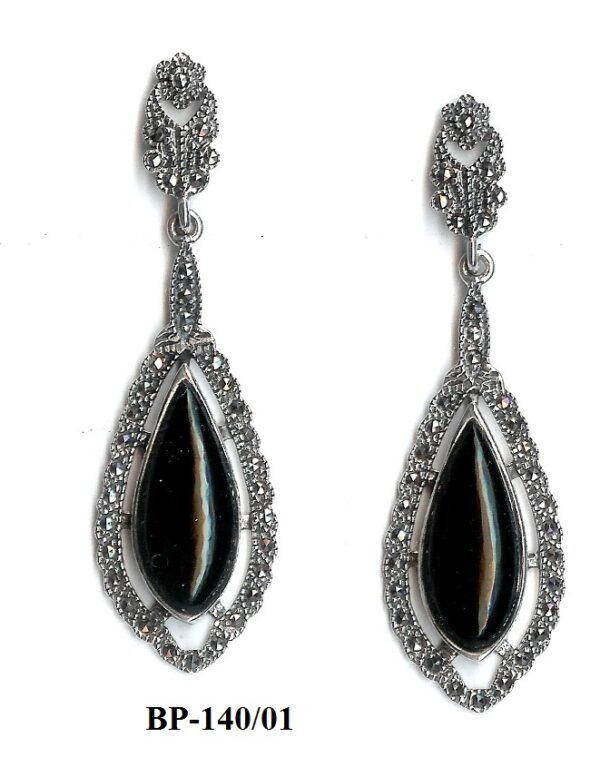 Pendientes Plata 1ª Ley (.925) con Marcasitas y Onix de estilo Clásico.