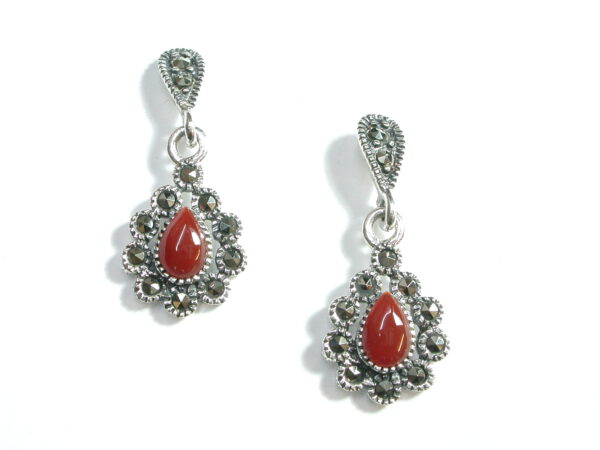 Pendientes en Plata de 1ª Ley (925) con marcasitas y ágata verde o carneola. - Imagen 2