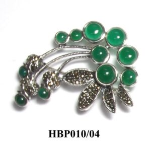Broche floral en Plata de 1ª Ley con marcasitas y ágata verde.
