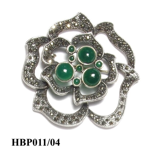 Broche de Plata 1ª Ley (.925) con Marcasitas y ágatas verdes