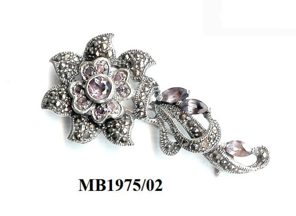 Broche con tallo en flor en Plata de 1ª Ley (925) con marcasitas y amatistas.