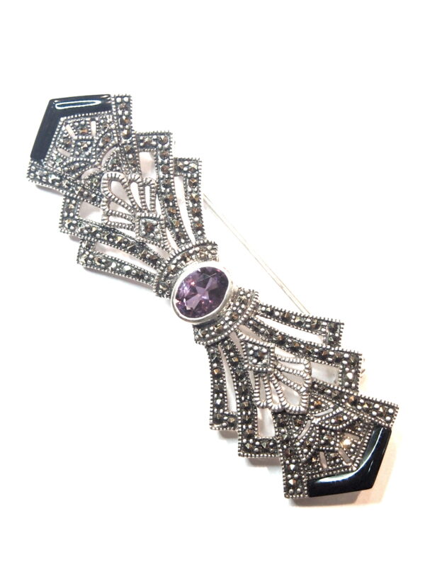 Broche de Plata de Primera Ley (.925), con Marcasitas Ónix y Amatista de estilo Nouveau.. - Imagen 2