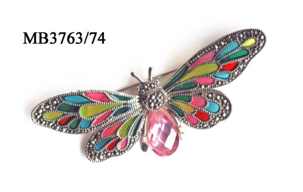 Broche de mariposa en Plata de 1ª Ley (925) con marcasitas, esmalte y circonita rosa.
