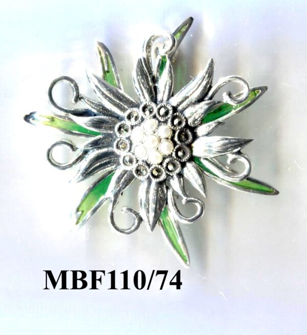 Broche flor del Pirineo en Plata de 1ª Ley con marcasitas, perlas y esmalte.