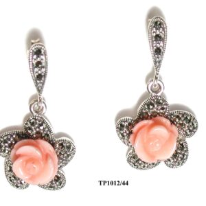 Pendientes Plata 1ª Ley (.925) con Marcasitas y flor coral sintético