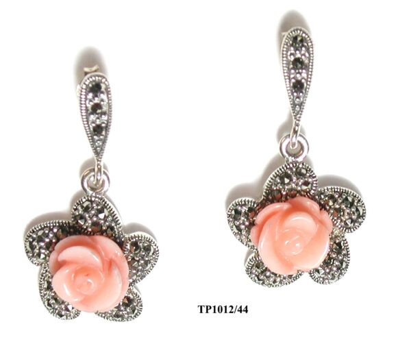 Pendientes Plata 1ª Ley (.925) con Marcasitas y flor coral sintético
