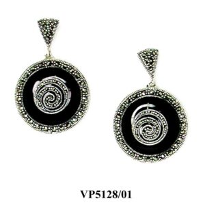 Pendientes circulares con motivo de espiral en Plata de 1ª Ley (925) con marcasitas y ónix.
