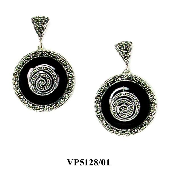 Pendientes circulares con motivo de espiral en Plata de 1ª Ley (925) con marcasitas y ónix.